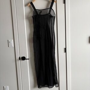 Naked Sheer Black Mesh Maxi Slip Dress Floral Embroidery Y2K Sexy Dark Feminine